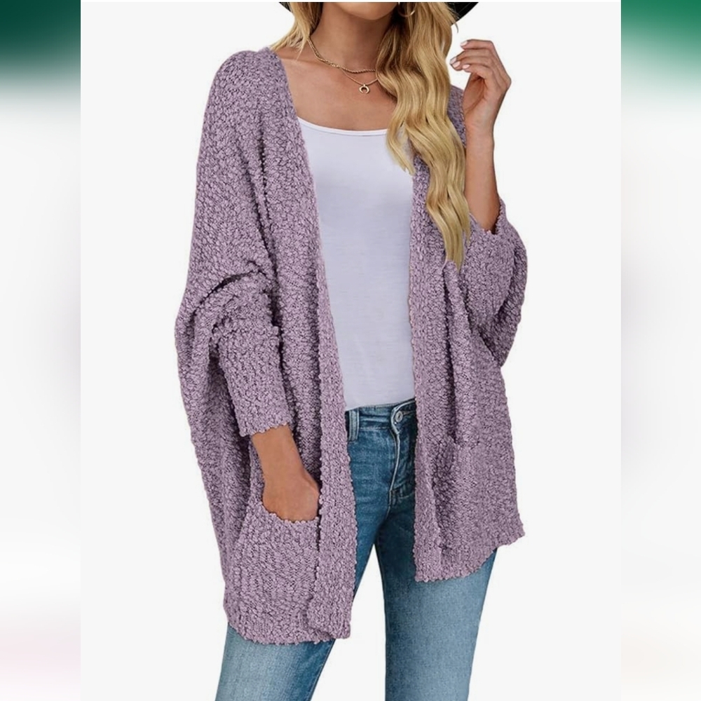 Merokeety fuzzy popcorn batwing sleeve cardigan Taro size medium